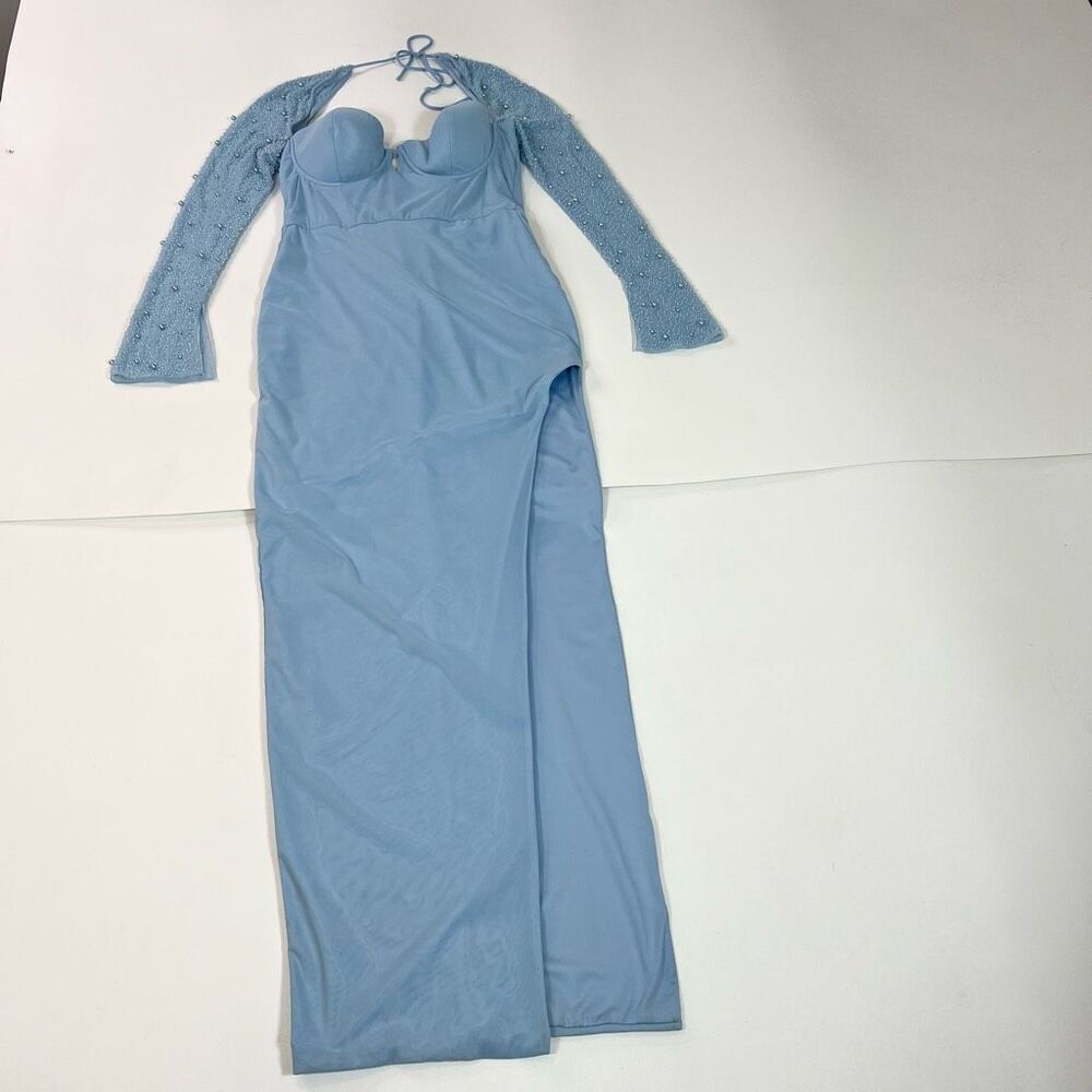 Oh Polly Dress Womens 8 Light Blue Embellished Beads Long Sleeve Maxi Gown